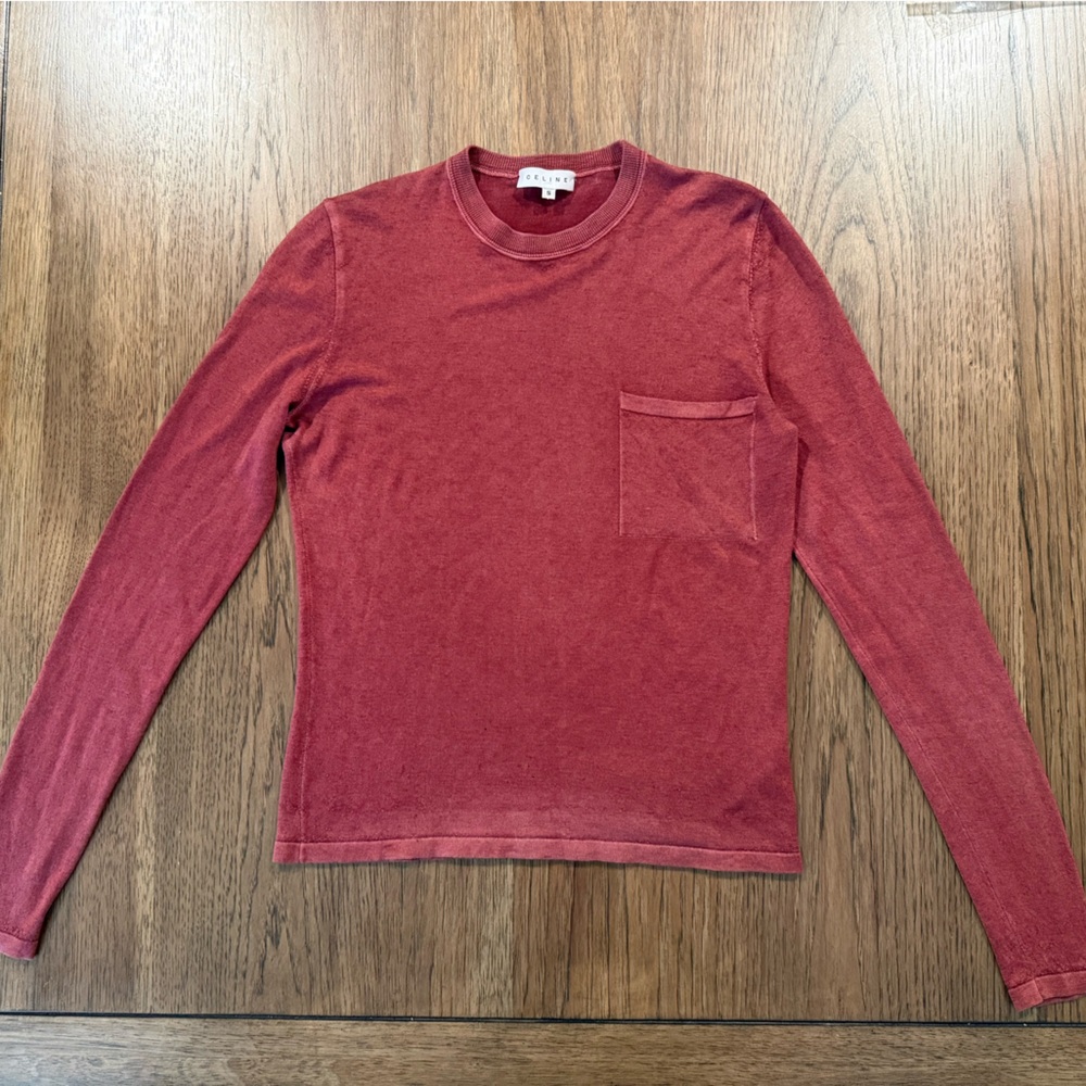 CELINE 100% Cashmere Long Sleeve Top Women’s Sz S Red Washed Distressed Finish